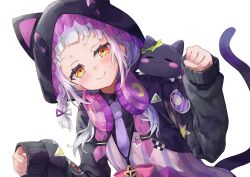 Rule 34 | 1girl, animal ears, animal hood, black jacket, black shirt, braid, cat ears, cat hood, cat tail, closed mouth, collared shirt, commentary request, fake animal ears, forehead, hands up, headphones, headphones around neck, highres, hololive, hood, hood up, hooded jacket, jacket, konkito, long hair, long sleeves, murasaki shion, murasaki shion (school uniform), on shoulder, orange eyes, puffy long sleeves, puffy sleeves, shirt, simple background, sleeves past wrists, smile, star (symbol), striped, tail, thick eyebrows, upper body, v-shaped eyebrows, vertical stripes, virtual youtuber, white background