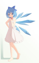 Rule 34 | 1girl, absurdres, aqoot, back bow, bare shoulders, barefoot, blue bow, blue eyes, blue hair, blue wings, blush, bow, cirno, closed mouth, commentary request, detached wings, dress, feet, flat chest, food, frilled dress, frills, full body, hair bow, hand on own hip, hand up, highres, holding, holding food, holding popsicle, ice, ice wings, looking at viewer, neck ribbon, popsicle, red ribbon, ribbon, short hair, simple background, sleeveless, sleeveless dress, smile, solo, standing, touhou, white background, white bow, white dress, wings