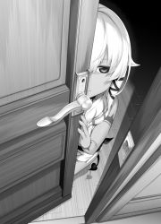 Rule 34 | 1girl, closed mouth, commentary request, door, dress, fingernails, greyscale, hair between eyes, jitome, looking at viewer, m-da s-tarou, monochrome, open door, peeking out, pelvic curtain, rocoroco, short dress, sidelocks, solo, squatting, tail, tanaka the wizard