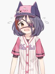 Rule 34 | 1girl, black hair, blush, brown eyes, clothes writing, embarrassed, eyepatch, fang, flying sweatdrops, hat, hayasaka mirei, highres, idolmaster, idolmaster cinderella girls, looking at viewer, multicolored hair, open mouth, red hair, shone, short hair, short sleeves, simple background, solo, streaked hair, two-tone hair, v-shaped eyebrows, visor cap, white background