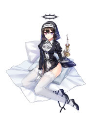 Rule 34 | 1girl, :o, absurdres, ankle ribbon, ascot, bai winchester, belt, between legs, black belt, black dress, black footwear, black hair, black halo, black headwear, black ribbon, blanket, breasts, candle, candlestand, closers, coif, collared shirt, compass rose halo, dress, full body, garter straps, gloves, habit, halo, hand between legs, hand up, heterochromia, highres, holding, holding candle, impossible clothes, impossible dress, juliet sleeves, lace, lace-trimmed thighhighs, leg ribbon, long sleeves, looking at viewer, mary janes, medium breasts, nun, official art, on pillow, pelvic curtain, pillow, pink eyes, puffy sleeves, purple eyes, ribbon, shirt, shoes, short hair, sitting, sitting on pillow, smoke, solo, tachi-e, thighhighs, white ascot, white background, white gloves, white shirt, white thighhighs, wing collar, yokozuwari, zettai ryouiki