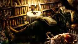 Rule 34 | 1boy, black hair, book, boots, cage, candle, candlestand, dragon&#039;s crown, fairy, feathers, crossed legs, male focus, official art, snake, solo, table