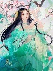 Rule 34 | 1girl, baiguio (zhu xian), bi yao zhuye, black hair, branch, cherry blossoms, dress, earrings, flower, flower bracelet, green dress, hair ornament, highres, jewelry, long hair, petals, solo, zhu xian
