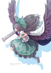 Rule 34 | 1girl, arm cannon, black hair, black wings, bow, cape, character name, feathered wings, frills, full body, green skirt, hair bow, long hair, looking at viewer, puffy short sleeves, puffy sleeves, red eyes, reiuji utsuho, satyuas, shirt, shoes, short sleeves, skirt, solo, touhou, weapon, white shirt, wings