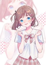 Rule 34 | 1girl, :d, blue eyes, blush, bow, bowtie, brown hair, clenched hands, collared shirt, hair ornament, hairclip, hands up, head tilt, hidari (nanmu-left), highres, looking at viewer, one side up, open mouth, original, pink bow, pink bowtie, pink skirt, plaid, plaid bow, plaid bowtie, plaid skirt, pleated skirt, school uniform, shirt, short hair, short sleeves, skirt, smile, solo, upper body, white shirt, zoom layer