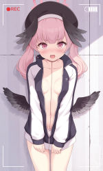 Rule 34 | 1girl, beret, black hat, black wings, blue archive, blush, feathered wings, grey wings, halo, hat, head wings, highres, jacket, koharu (blue archive), looking at viewer, low twintails, low wings, open clothes, open jacket, pink eyes, pink hair, solo, track jacket, twintails, viewfinder, winged hat, wings, yamasan