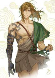 Rule 34 | 1boy, amber (orangeamber12), archaic set (zelda), blue eyes, brown hair, closed mouth, collarbone, commentary, english commentary, floating, floating hair, green tunic, link, looking at viewer, male focus, medium hair, muscular, muscular male, nintendo, signature, single bare shoulder, solo, the legend of zelda, the legend of zelda: tears of the kingdom, toga, tunic, twitter username