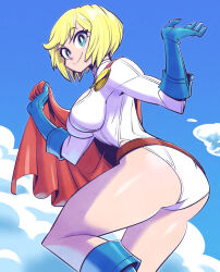 Rule 34 | 1girl, ass, belt, blonde hair, blue eyes, blue footwear, blue gloves, blue sky, breasts, cape, cleavage cutout, closed mouth, clothing cutout, cloud, day, dc comics, floating, gloves, hands up, highleg, highleg leotard, large breasts, leotard, looking at viewer, midair, outdoors, power girl, red belt, red cape, short hair, sky, smile, solo, sunafuki tabito, superhero costume, white leotard