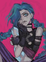 Rule 34 | 1girl, 8h kt, arcane: league of legends, arcane jinx, arm strap, arm tattoo, bare shoulders, black choker, black gloves, blue eyes, blue hair, blue nails, choker, deep skin, eyelashes, finger in own mouth, fingerless gloves, fingernails, gloves, hair over one eye, jinx (league of legends), league of legends, long hair, nail polish, painterly, parted lips, runny makeup, shoulder tattoo, solo, stomach tattoo, striped, tattoo, teeth, twintails, very long fingernails