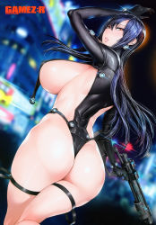 Rule 34 | 1girl, absurdres, arm up, artist name, ass, backboob, black bodysuit, blue hair, blurry, blurry background, bodysuit, breasts, fei (maidoll), gantz, gantz suit, gun, highres, holding, holding gun, holding weapon, huge breasts, lips, long hair, looking at viewer, looking back, night, parted lips, red eyes, revealing clothes, scan, shimohira reika, shiny skin, sideboob, skin tight, solo, thigh strap, thong, weapon