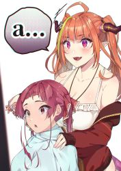 Rule 34 | 2girls, a (phrase), absurdres, ahoge, blonde hair, blush, bow, breasts, camisole, collarbone, commentary request, cutting hair, diagonal-striped bow, dragon girl, dragon horns, eyes visible through hair, fang, hair ribbon, hand on another&#039;s shoulder, heterochromia, highres, holding, holding scissors, hololive, horns, houshou marine, jacket, kiryu coco, kiryu coco (loungewear), koubou (cowbow kun), large breasts, long hair, long sleeves, multicolored hair, multiple girls, off shoulder, official alternate costume, open mouth, orange hair, pointy ears, red eyes, red hair, red jacket, red ribbon, ribbon, scissors, severed hair, simple background, skin fang, sleeves past wrists, streaked hair, towel, twintails, virtual youtuber, white background, yellow eyes