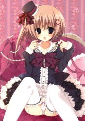 Rule 34 | 1girl, :d, absurdres, blue eyes, brown hair, couch, frilled panties, frilled thighhighs, frills, garter straps, hair ornament, hairpin, hat, highres, inugami kira, lolita fashion, mini hat, mini top hat, open mouth, panties, pantyshot, pillow, sitting, smile, solo, thighhighs, top hat, underwear, white panties, white thighhighs