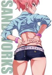Rule 34 | 1girl, absurdres, ass, back, belt, blue skirt, bracelet, breasts, chain, cowboy shot, denim, denim shorts, earrings, eyelashes, from behind, grin, hands on own hips, heart, heart earrings, highres, hip focus, idolmaster, idolmaster cinderella girls, jewelry, jougasaki mika, long hair, medium breasts, micro shorts, midriff, nail polish, pink hair, pink nails, ponytail, profile, scan, shirt, short shorts, shorts, sidelocks, simple background, skirt, smile, solo, standing, suna (sandworks), thigh gap, thighs, thong, tied shirt, whale tail (clothing), white background, yellow eyes