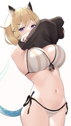 Rule 34 | 1girl, animal ear fluff, animal ears, arknights, bikini, blonde hair, breasts, cowboy shot, front-tie bikini top, front-tie top, grey bikini, highres, large breasts, looking at viewer, mizu (lzzrwi603), navel, official alternate costume, purple eyes, short hair, side-tie bikini bottom, simple background, solo, standing, stomach, striped bikini, striped clothes, swimsuit, tail, utage (arknights), utage (summer flowers) (arknights), vertical-striped bikini, vertical-striped clothes, white background