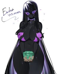 Rule 34 | 1girl, 2023, black hair, black skin, breasts, choker, colored sclera, colored skin, enderman, enderwoman, english text, female focus, highres, huge breasts, humanization, long hair, looking at viewer, minecraft, minecraft mobs, mojang, monster girl, navel, pink sclera, purple eyes, simple background, solo, text focus, thick thighs, thighs, togetoge, white background, wide hips