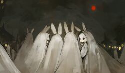 Rule 34 | 5girls, :&lt;, animal ears, closed mouth, commentary request, dress, ears through hood, grey cloak, highres, looking at viewer, moon, multiple girls, night, original, outdoors, partial commentary, profile, rabbit ears, red eyes, red moon, shirokujira, white dress, white hair
