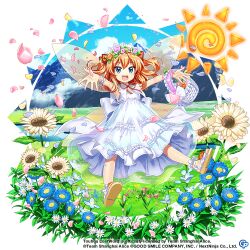 Rule 34 | 1girl, :d, alternate costume, basket, blue eyes, blue flower, blue sky, cloud, copyright name, copyright notice, dress, fangs, flower, full body, game cg, grass, headdress, holding, holding basket, looking at viewer, mountain, open mouth, orange hair, outdoors, outstretched arms, rotte (1109), short hair, sky, smile, solo, sun, sunflower, sunny milk, sunny milk (white sun fairy), third-party source, touhou, touhou lostword, two side up, white dress, white flower, wings