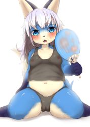 Rule 34 | 1girl, 24cakes, blue eyes, fox, furry, furry female, long hair, pussy, simple background, solo, sweat, white background, white hair