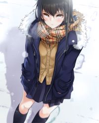 Rule 34 | 1girl, black coat, black hair, black socks, blue skirt, blush, breasts, brown eyes, brown hair, buttons, cardigan, coat, cowboy shot, fed (giba), fringe trim, fur-trimmed coat, fur trim, hair between eyes, hands in pockets, highres, kneehighs, long sleeves, looking at viewer, miniskirt, open clothes, open coat, open mouth, original, pink lips, plaid, plaid scarf, pleated skirt, pocket, scarf, school uniform, skirt, small breasts, snow, socks, solo, teeth, zipper