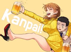 Rule 34 | 1boy, 1girl, ^ ^, alcohol, arm around neck, bare legs, beer, beer mug, black footwear, black panties, blank eyes, blush, breast press, breast rest, breasts, brown hair, closed eyes, commentary, cup, dress, earrings, feet, hetero, high heels, highres, holding, holding cup, idolmaster, idolmaster cinderella girls, jewelry, kamille (vcx68), katagiri sanae, large breasts, leg up, long sleeves, low twintails, medium hair, microdress, motion lines, mug, necklace, open mouth, panties, pantyshot, pencil dress, producer (idolmaster), revision, ribbed dress, romaji text, shoe dangle, simple background, smile, soles, squeans, standing, sweater, sweater dress, toasting (gesture), toes, translated, twintails, underwear, yellow background, yellow dress