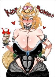 Rule 34 | 1girl, abs, armlet, artificial vagina, bare shoulders, black leotard, black nails, black skirt, blonde hair, blue eyes, blush, bowsette, bracelet, breasts, cameltoe, cleavage, collar, collarbone, covered erect nipples, crown, cum, cumdrip, curvy, earrings, exabyte (parallax05), fingernails, hand on own hip, heart, highleg, highleg leotard, holding, holding mushroom, horns, huge breasts, jewelry, leotard, licking lips, long hair, looking at viewer, mario (series), mushroom, nail polish, narrow waist, naughty face, new super mario bros. u deluxe, nintendo, oni horns, phallic symbol, ponytail, saliva, sex toy, sharp fingernails, sharp teeth, shell, skirt, solo, spiked armlet, spiked bracelet, spiked collar, spiked shell, spiked tail, spikes, super crown, tail, teeth, thigh gap, tongue, tongue out, tsurime, turtle shell, white background, wide hips
