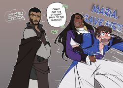 Rule 34 | 3boys, :d, ^ ^, beard, blue eyes, blush, brown hair, buzz cut, carrying, carrying person, castlevania (series), castlevania: nocturne, closed eyes, crying, dark-skinned male, dark skin, earrings, english text, facial hair, fangs, fourth wall, green eyes, happy, headband, highres, jewelry, laughing, lifting person, long hair, looking at viewer, male focus, mature male, mizrak (castlevania), multiple boys, olrox, open mouth, pointy ears, pun, richter belmont, scared, short hair, single earring, smile, speed lines, tears, thick mustache, thought bubble, trash arc, turning head, very short hair