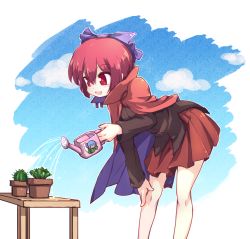 Rule 34 | 1girl, bare legs, blouse, bow, cactus, cape, commentary request, hair between eyes, hair bow, isu (is88), leaning forward, long sleeves, miniskirt, plant, pleated skirt, potted plant, purple bow, red eyes, red hair, red skirt, sekibanki, shirt, short hair, skirt, smile, solo, table, touhou, wakasagihime, water, watering can