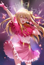 Rule 34 | 1girl, absurdres, arms up, blush, daon art99, dress, gloves, hair ornament, hair ribbon, highres, holding, holding microphone, hoshino ruby, idol, idol clothes, long hair, looking at viewer, microphone, one eye closed, open mouth, oshi no ko, pink dress, pink gloves, red brooch, ribbon, star-shaped pupils, star (symbol), star in eye, symbol-shaped pupils, symbol in eye