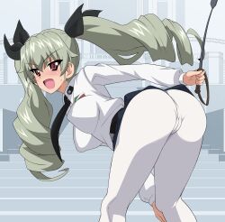 Rule 34 | 1girl, absurdres, anchovy (girls und panzer), anzio school uniform, ass, blush, breasts, cameltoe, drill hair, from behind, girls und panzer, green hair, highres, large breasts, leaning forward, looking at viewer, looking back, open mouth, paid reward available, pantyhose, red eyes, riding crop, solo, twintails, yasuoextuuuuuu