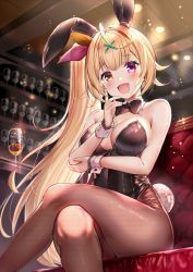 Rule 34 | 1girl, :d, akabane (zebrasmise), alcohol, animal ears, bare shoulders, blonde hair, bow, bowtie, breasts, cleavage, couch, crossed legs, cup, drinking glass, fake animal ears, fishnet pantyhose, fishnets, hair ornament, hair ribbon, hairclip, heterochromia, highres, hoshikawa sara, large breasts, leotard, long hair, nijisanji, open mouth, orange eyes, pantyhose, pink eyes, playboy bunny, rabbit ears, rabbit girl, ribbon, side ponytail, sitting, smile, solo, very long hair, virtual youtuber, wine glass