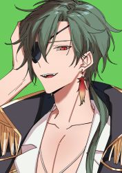 Rule 34 | 1boy, 3di project, collarbone, collared shirt, earrings, eyepatch, fang, feather earrings, feathers, green background, green hair, highres, jewelry, jortun leventor, long hair, male focus, open mouth, pirate, pirate costume, red eyes, rigu (3di), shirt, solo, virtual youtuber