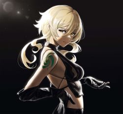 Rule 34 | 1girl, absurdres, bad id, bad twitter id, bare shoulders, black background, black gloves, blonde hair, breasts, closed mouth, cozyu, elbow gloves, from side, genshin impact, gloves, hair between eyes, hand on own hip, highres, large breasts, looking at viewer, looking to the side, lumine (genshin impact), medium hair, solo, yellow eyes