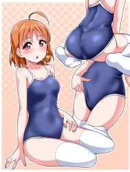 Rule 34 | 1girl, adjusting clothes, adjusting swimsuit, ahoge, ass, blue one-piece swimsuit, blush, bow, braid, breasts, collarbone, commentary request, competition school swimsuit, covered navel, hair bow, hand on own leg, hand under clothes, hand under swimsuit, looking at viewer, love live!, love live! sunshine!!, multiple views, no shoes, one-piece swimsuit, orange bow, orange hair, red eyes, school swimsuit, short hair, side braid, sitting, small breasts, swimsuit, takami chika, thighhighs, wariza, white thighhighs, yokozuwari, yopparai oni