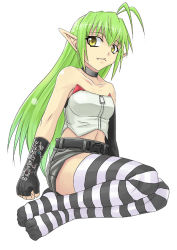 Rule 34 | ahoge, bare shoulders, belt, choker, fang, feet, gloves, green hair, kneeling, long hair, minarai, pointy ears, shorts, solo, striped clothes, striped thighhighs, thighhighs, yellow eyes