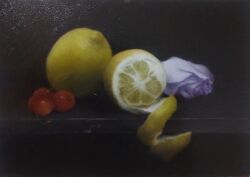 Rule 34 | cherry, flower, food, food focus, fruit, highres, lemon, lemon peel, no humans, object focus, original, painting (medium), realistic, rose, shadow, still life, traditional media, tray, watercolor (medium), xuahqcpelcqniyj