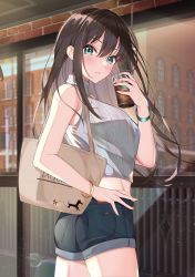 Rule 34 | 1girl, blush, bracelet, brown hair, building, carrying bag, coffee, cup, denim, denim shorts, disposable cup, drinking straw, green eyes, hair between eyes, hair blowing, hand on own hip, highres, holding, holding cup, idolmaster, idolmaster cinderella girls, idolmaster cinderella girls starlight stage, jewelry, long hair, looking at viewer, looking back, outdoors, reflection, ribbed sweater, shibuya rin, shorts, sleeveless, solo, sutoroa, sweater, turtleneck, window, wristband