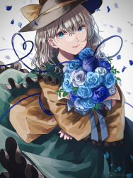 Rule 34 | 1girl, artist name, black hat, blouse, blue flower, blue rose, bouquet, bow, cowboy shot, dated, flower, frilled shirt collar, frills, green eyes, green skirt, hair between eyes, hat, hat bow, hat ribbon, heart, heart of string, highres, holding, komeiji koishi, light smile, long sleeves, looking at viewer, m (neteitai10), petals, ribbon, rose, rose petals, shirt, skirt, solo, third eye, touhou, wide sleeves, yellow ribbon, yellow shirt