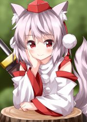 Rule 34 | 1girl, animal ears, bare shoulders, blurry, blurry background, bush, closed mouth, detached sleeves, foam, grass, green background, hair between eyes, hand on own face, hand up, hat, highres, inubashiri momiji, long sleeves, looking at viewer, pom pom (clothes), red eyes, red hat, ruu (tksymkw), shirt, short hair, sitting, smile, solo, sword, tail, touhou, tree, weapon, white hair, white shirt, white sleeves, wolf ears, wolf tail