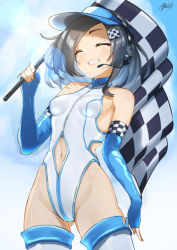 Rule 34 | 1girl, ayuman, black hair, blue gloves, blue hat, blue sky, breasts, checkered flag, closed eyes, clothing cutout, cloud, cowboy shot, elbow gloves, fingerless gloves, flag, from below, gloves, grin, hair ornament, hairclip, hat, headphones, headset, highleg, highleg leotard, kantai collection, kuroshio (kancolle), lens flare, leotard, microphone, navel cutout, paid reward available, race queen, short hair, sky, small breasts, smile, solo, standing, thighhighs, turtleneck, visor cap, white leotard, white thighhighs