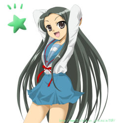 Rule 34 | 00s, 1girl, long hair, school uniform, serafuku, simple background, sinko, solo, suzumiya haruhi no yuuutsu, tsuruya, very long hair