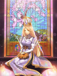Rule 34 | 1girl, animal, animal on lap, bad id, bad pixiv id, black pantyhose, blonde hair, boots, breasts, cherry blossoms, closed eyes, closed mouth, commentary, crown, dress, eris (shadowverse), fawn, from side, full body, hat, highres, juliet sleeves, large breasts, long dress, long hair, long sleeves, mitre, mosaic pattern, on lap, pantyhose, puffy sleeves, purple dress, shadowverse, sitting, smile, solo, striped clothes, striped pantyhose, swept bangs, throtem, vertical-striped clothes, vertical-striped pantyhose, very long hair