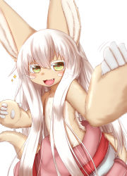 Rule 34 | 1other, :3, animal ears, animal hands, beckoning, blush, blush stickers, body fur, brown eyes, brown fur, colored eyelashes, cowboy shot, fang, fighting stance, furry, green eyes, hands up, happy, highres, horizontal pupils, horokusa (korai), long hair, looking at viewer, made in abyss, motion lines, multicolored eyes, multicolored pants, nanachi (made in abyss), open mouth, other focus, pants, pouch, puffy pants, sidelocks, simple background, smile, solo, sparkle, standing, tail, topless, two-tone fur, v-shaped eyebrows, very long hair, whiskers, white background, white fur, white hair