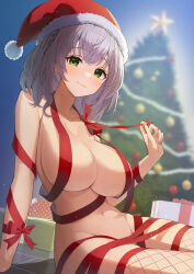 Rule 34 | 1girl, absurdres, arm support, bow, box, braid, breasts, christmas, christmas present, christmas tree, cleavage, closed mouth, commentary request, cowboy shot, crossed bangs, fishnet thighhighs, fishnets, fur-trimmed headwear, fur trim, gift, gift box, green eyes, grey hair, groin, hand up, hat, highres, holding, hololive, large breasts, looking at viewer, medium hair, mimihachi, naked ribbon, navel, on floor, red bow, red hat, red ribbon, ribbon, santa hat, shirogane noel, sidelocks, sitting, smile, solo, star (symbol), stomach, thighhighs, thighs, tile floor, tiles, untying, virtual youtuber
