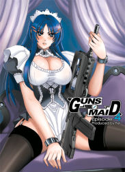 Rule 34 | assault rifle, blue hair, bullpup, famas, fei (maidoll), garter straps, gun, long hair, maid, original, rifle, solo, thighhighs, weapon