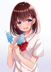Rule 34 | 1girl, :d, blue eyes, blush, bow, brown hair, collared shirt, commentary request, dress shirt, food, gradient background, grey background, hair between eyes, hair ornament, hairclip, holding, holding food, long hair, open mouth, original, popsicle, red bow, sakura hiyori, shirt, short sleeves, smile, solo, twitter username, upper body, white background, white shirt