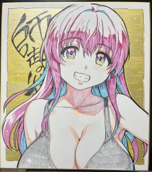 1girl bare_shoulders blue_eyes blush breasts colorized commentary_request highres large_breasts long_hair looking_at_viewer original please!_freeze!_please! purple_hair shikishi shiwasu_no_okina signed smile tagme tank_top traditional_media yellow_background