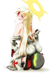 Rule 34 | 1girl, absurdres, ass, ball and chain restraint, bare shoulders, black gloves, blonde hair, blush, spiked halo, full body, gloves, guilty gear, guilty gear xrd, guilty gear xrd: revelator, halo, highres, jack-o&#039; valentine, long hair, multicolored hair, off shoulder, open mouth, pantylines, red eyes, red hair, simple background, sitting, solo, steam, sweat, two-tone hair, un (le monde-alternatif), undressing, very sweaty