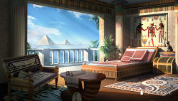 Rule 34 | artist name, blue sky, box, carpet, chinese commentary, chinese text, cloud, commentary request, couch, day, egyptian, egyptian art, flower pot, hieroglyphics, highres, moonslanstudio, no humans, original, plant, pyramid (structure), scenery, scroll, shade, sky, statue, sunlight, table, treasure chest, tree, wooden floor