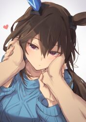 Rule 34 | 1boy, 1girl, 1other, admire vega (umamusume), animal ears, blue sweater, blush, brown eyes, brown hair, closed mouth, ear covers, hair between eyes, heart, highres, horse ears, horse girl, jewelry, long hair, long sleeves, looking at viewer, necklace, pov, purple eyes, simple background, single ear cover, starheart, sweater, umamusume, upper body, very long hair, white background