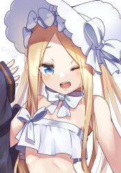 Rule 34 | 1girl, abigail williams (fate), abigail williams (swimsuit foreigner) (fate), abigail williams (swimsuit foreigner) (third ascension) (fate), bare shoulders, bikini, black jacket, blonde hair, blue eyes, blush, bonnet, bow, breasts, unworn clothes, fate/grand order, fate (series), jacket, long hair, one eye closed, open mouth, parted bangs, ryofuhiko, simple background, small breasts, smile, solo, strapless, strapless bikini, swimsuit, upper body, white background, white bikini, white bow, white headwear
